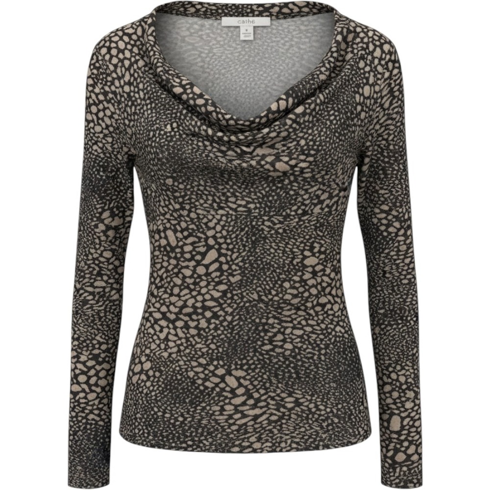Cache Cowl Neck Top Size M Black Tan Animal Print Long Sleeve Blouse